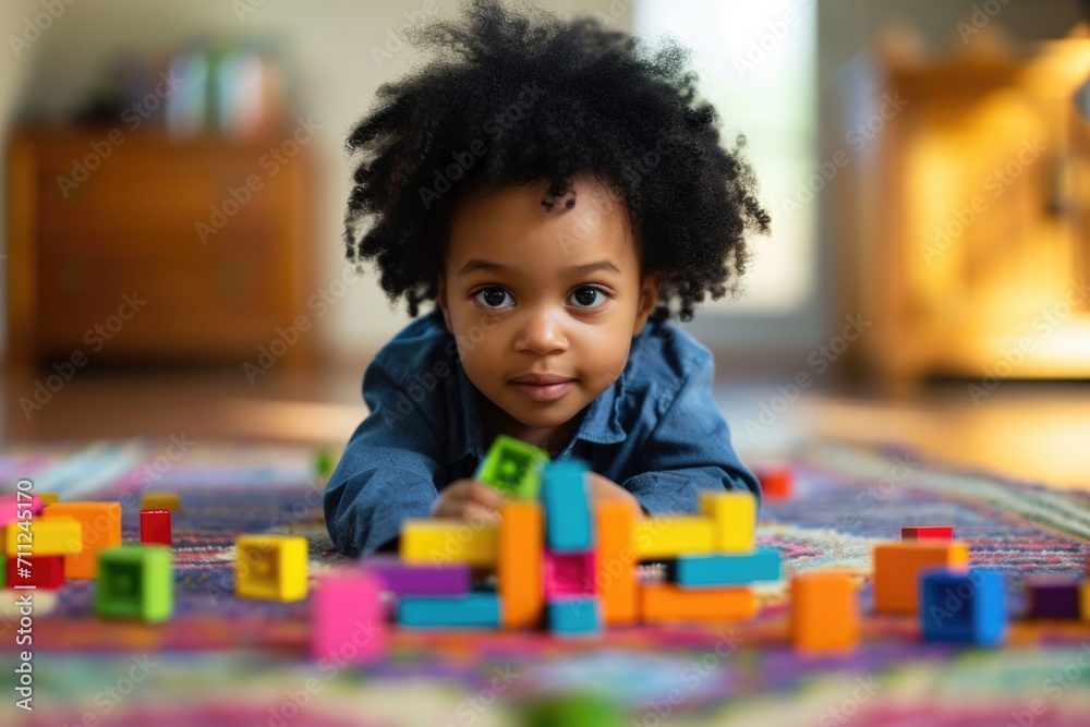A photo of an African-American kid playing with colorful cubes and toys lying on the floor A photo of an African-American kid playing with colorful cubes and toys lying on the floor