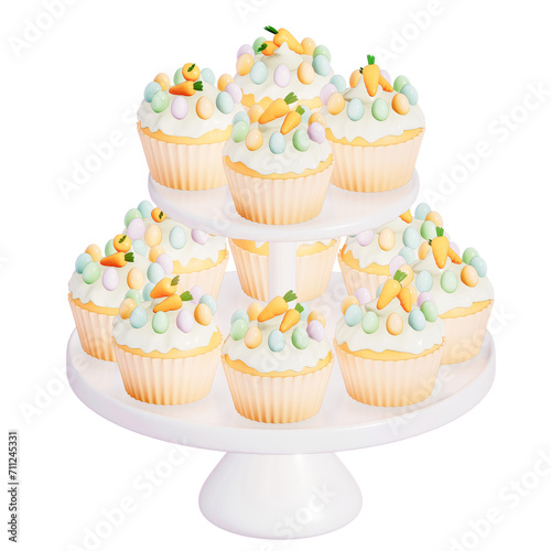 Easter holiday dessert Carrot cupcakes with stand on transparent background, 3D rendering