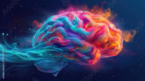Abstract depiction of a human brain transforming into a vibrant burst of colors and shapes, symbolizing creative thought