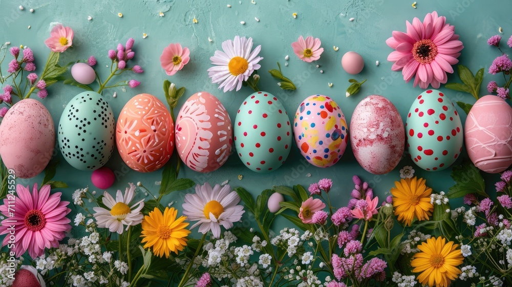 Flat lay of beautifully decorated Easter eggs, an array of patterns and colors, on a pastel background with spring flowers