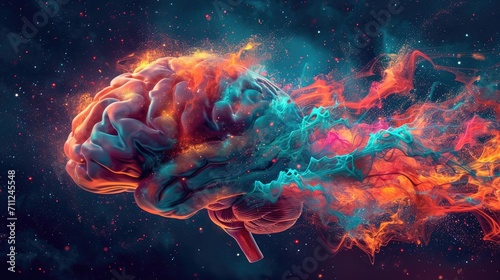 Abstract depiction of a human brain transforming into a vibrant burst of colors and shapes, symbolizing creative thought