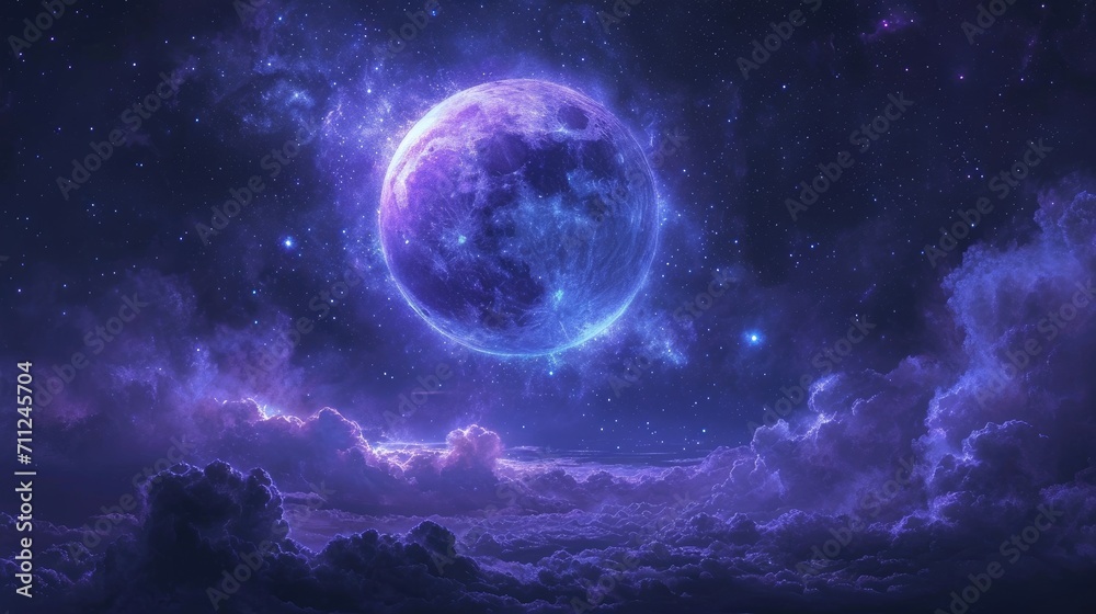 Dreamlike image of a purple orb floating in a star-filled night sky, magical and serene atmosphere