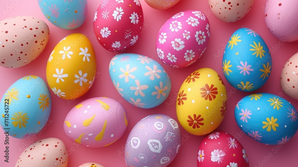 Whimsical Easter egg flat lay, brightly colored eggs with cartoon drawings, fun and playful arrangemen Whimsical Easter egg flat lay, brightly colored eggs with cartoon drawings, fun and playful arrangemen