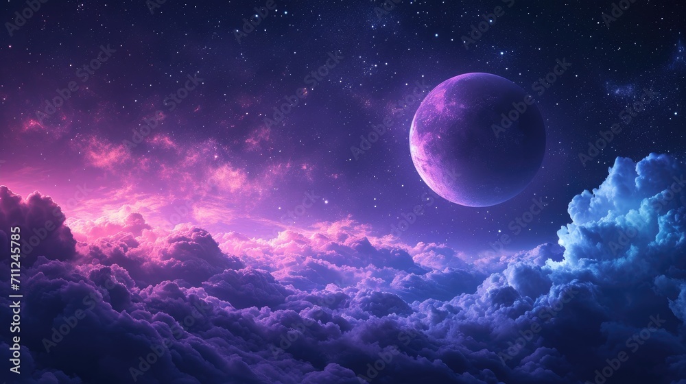 Dreamlike image of a purple orb floating in a star-filled night sky, magical and serene atmosphere