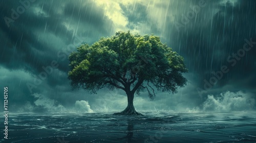 Symbolic portrayal of resilience in mental health, a tree standing strong amidst a storm photo