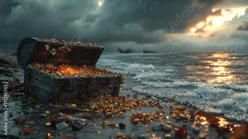 Stormy beach scene with a washed-up pirate treasure chest, overflowing with gold and gemstones, dramatic lighting photo