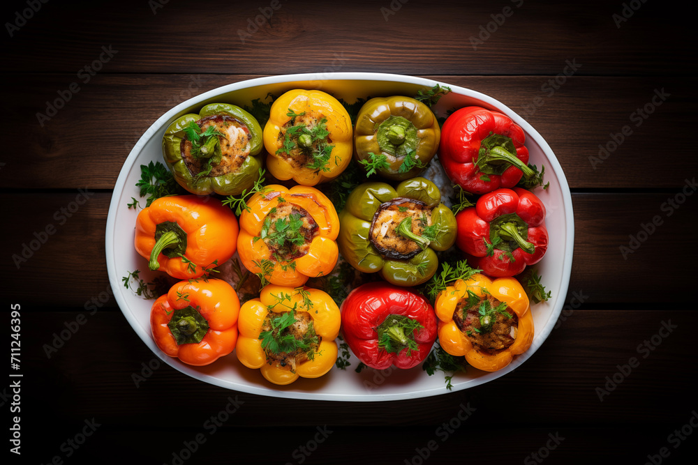 Middle Eastern food, vegetarian cuisine from the levant, Armenian, Lebanese, Greek, Syrian stuffed bell peppers in a tray on a wooden table, photographed from above.
