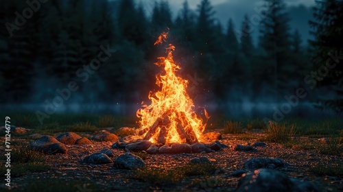 Roaring campfire at night  vibrant flames casting a warm glow on surrounding trees