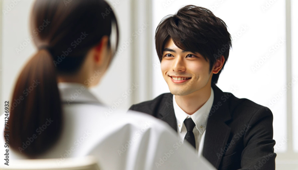 女性医師と面談する若手男性医薬情報担当者 女性医師と面談する若手男性医薬情報担当者