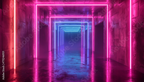 A vibrant neon-lit corridor with a futuristic and mysterious atmosphere, AI generated