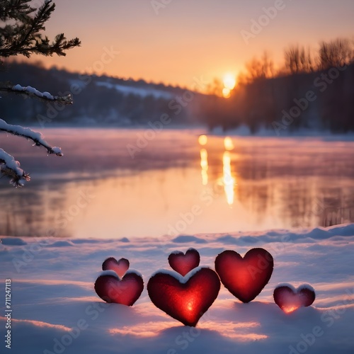  Valentines Day silhouette of homemade hearts in nature during calm winter sunset - original background for valentines day postcard 