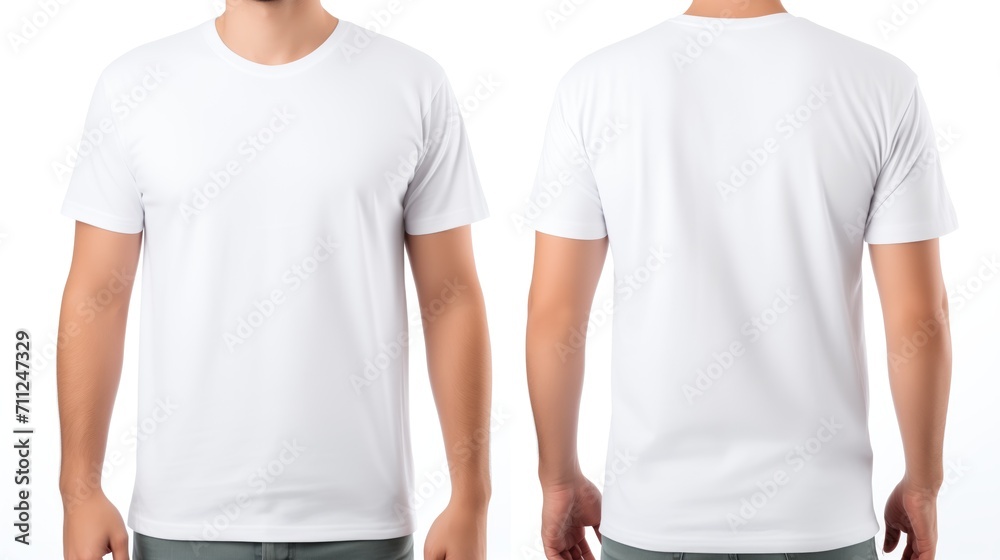 Man wearing a plain white t-shirt for mockup. front and back views - obrazy, fototapety, plakaty 
