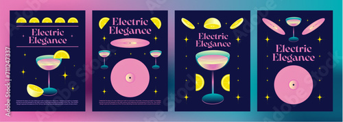 Y2k retro style poster template with cocktail in glass, vinyl records and lemon slices in bright pink color. 2000s aesthetic banner layout with drink and music elements and text box.