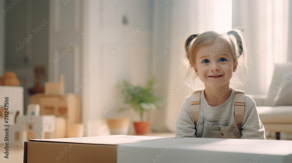 Smiling young girl with pigtails sitting near a cardboard box in a sunlit, spacious new home. Smiling young girl with pigtails sitting near a cardboard box in a sunlit, spacious new home.