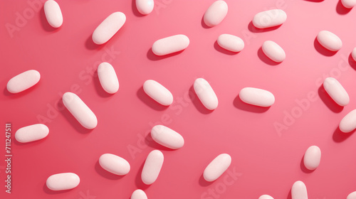 Scattered pink tablets against a monochromatic red background, depicting healthcare and medication.