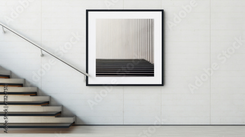 Contemporary interior design featuring a staircase with an abstract black and white wall art piece.
