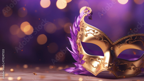 Luxurious golden Venetian mask adorned with purple feathers and intricate designs, symbolizing carnival festivities.