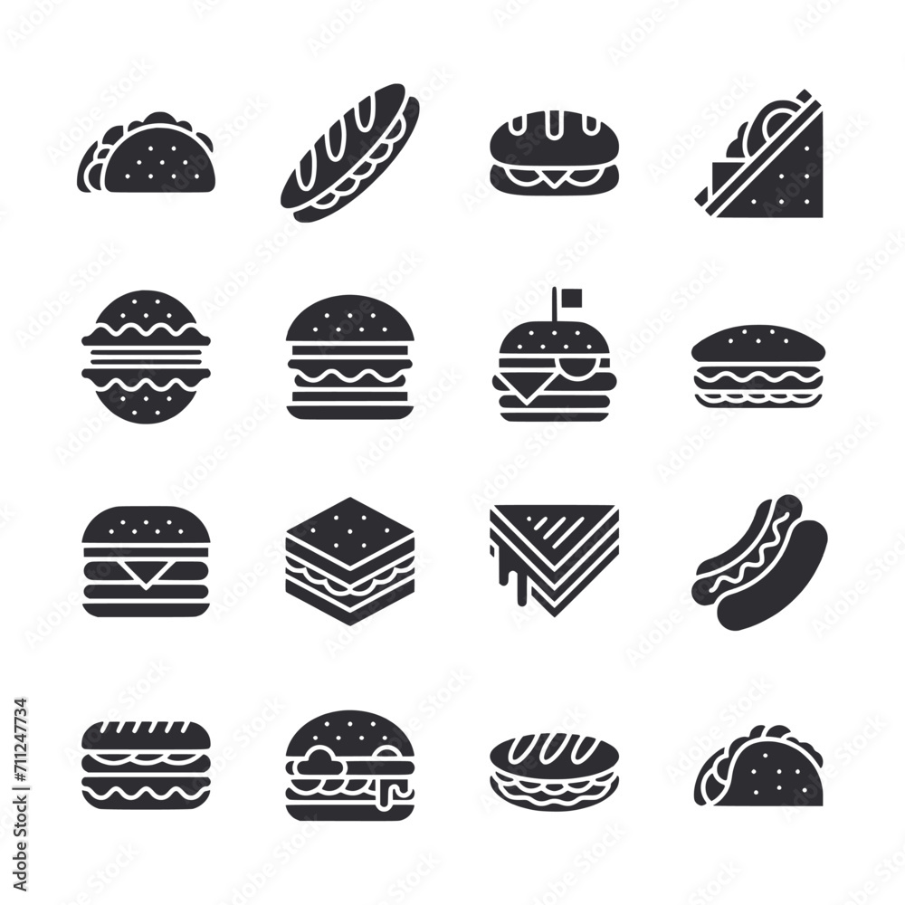 Set of sandwich icon for web app simple silhouettes flat design
