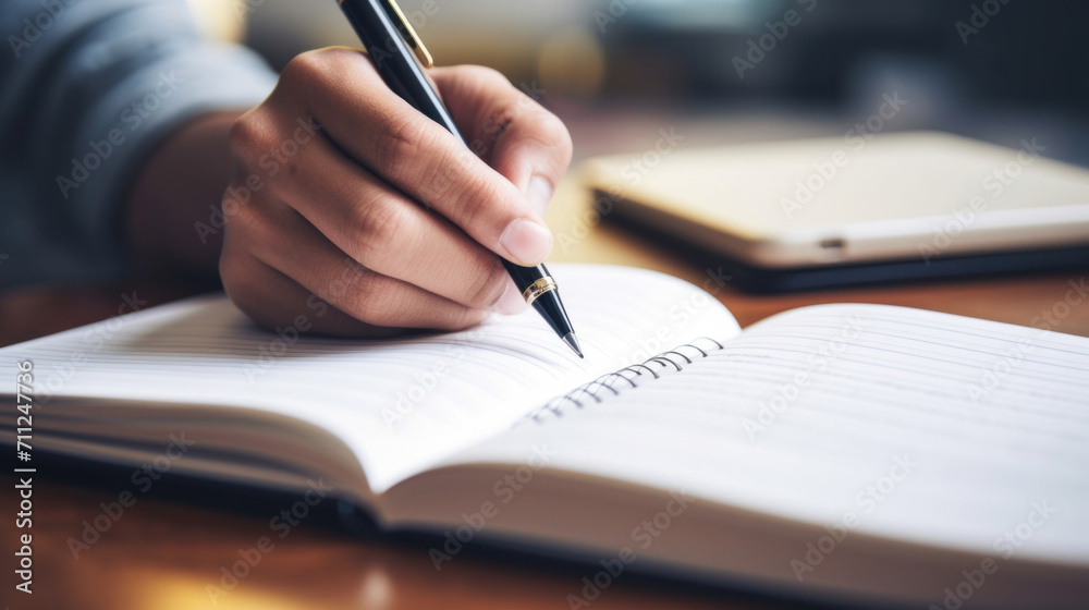 Close-up of a person writing in a notebook using a fountain pen, signifying creativity and thoughtfulness.