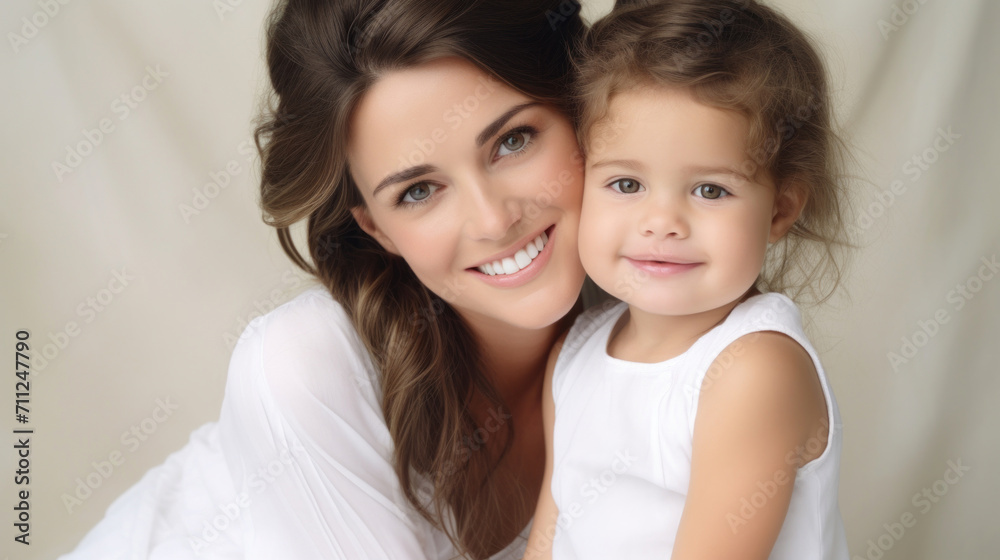 A radiant mother with a warm smile lovingly embraces her young daughter, both dressed in white against a soft backdrop. A radiant mother with a warm smile lovingly embraces her young daughter, both dressed in white against a soft backdrop.