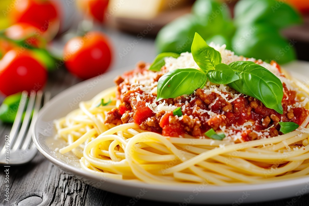 Serve the spaghetti Bolognese with fresh Parmesan and green basil leaf Serve the spaghetti Bolognese with fresh Parmesan and green basil leaf