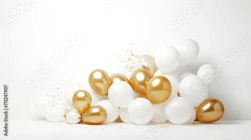 Elegant gold and white balloons accompanied by golden confetti create a festive and celebratory atmosphere on a clean background.