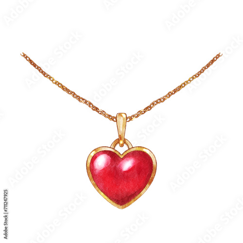 Heart shaped pendant and golden necklace . Valentines day object . Watercolor painting elements . PNG .