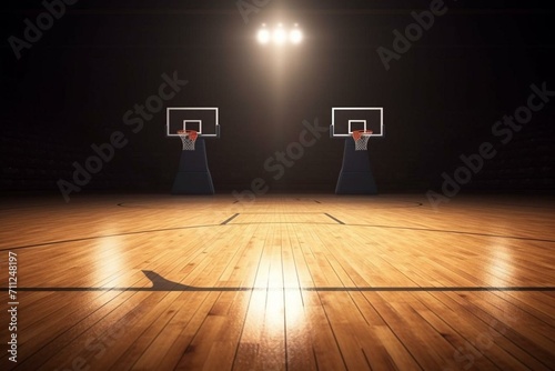Indoor basketball court, wooden floor, hoop. 3D illustration of sports background. Generative AI