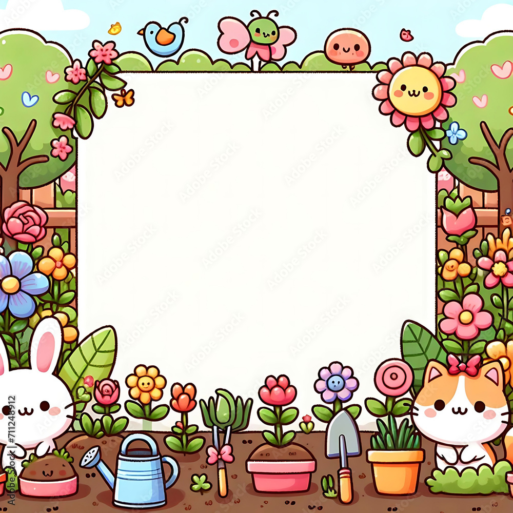 Garden landscape with tools. rabbit and cat Cartoon spring poster with yard and fence, flowers, seedling and pots. Gardening concept. Garden landscape with tools. rabbit and cat Cartoon spring poster with yard and fence, flowers, seedling and pots. Gardening concept.