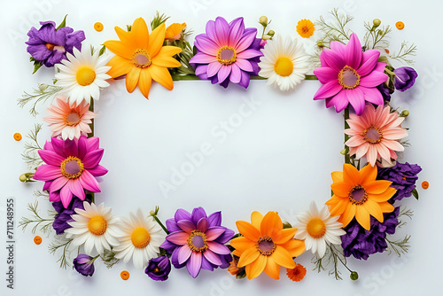Summer background with flowers on light background. Flat lay  top view. Summer party backdrop