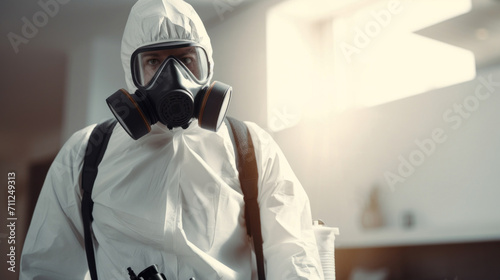 Pest control specialist in white special uniform and mask in the apartments photo