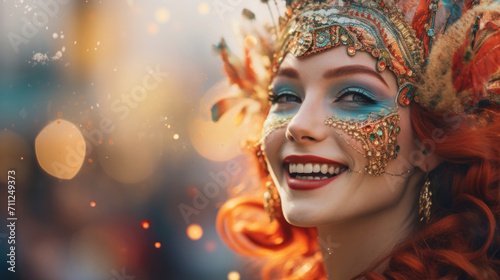 Close-up of a woman wearing a colorful carnival mask adorned with feathers and sequins, epitomizing celebration and mystery.