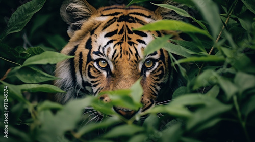 A powerful tiger camouflaged among lush green foliage, gazing directly into the camera. © red_orange_stock