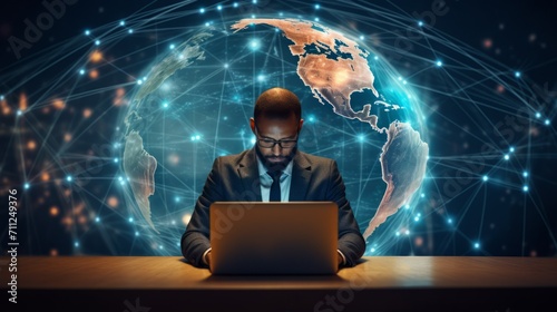 A businessman sitting at a table and working on a laptop against the background of a digital hologram with a world map of circuits. Investments in global business, Modern technology concepts.