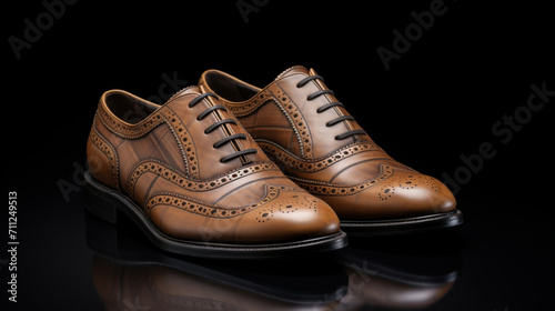 A pair of polished brown leather dress shoes with exquisite craftsmanship on a reflective surface.