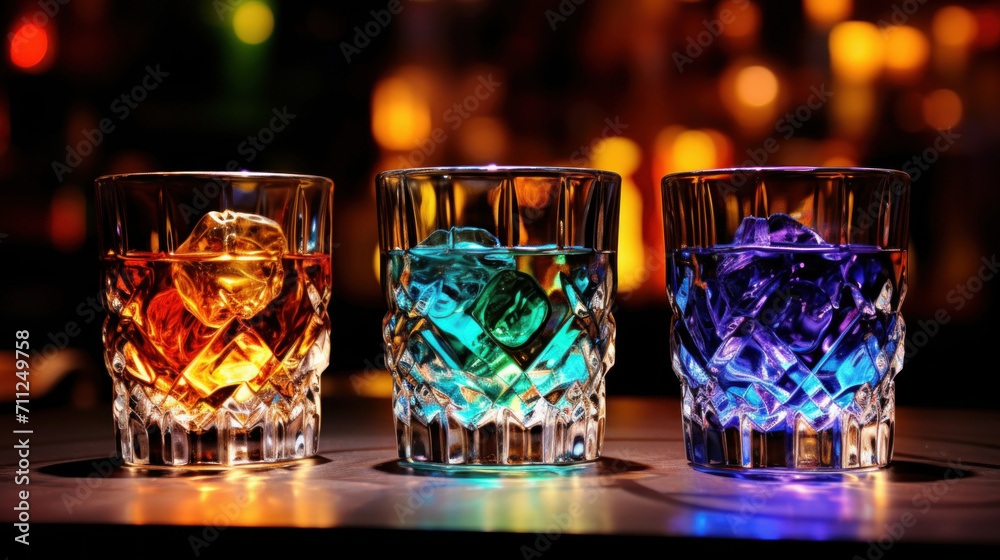 Three whiskey glasses with colorful ice cubes on a bar counter, bokeh background. Three whiskey glasses with colorful ice cubes on a bar counter, bokeh background.