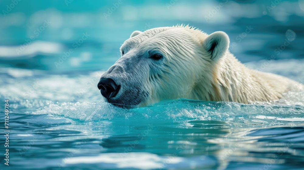 Polar bear swimming in the blue artic ocean on a clear sunny day