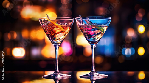 Two martini glasses with vibrant cocktails against a blurred light background in a bar.