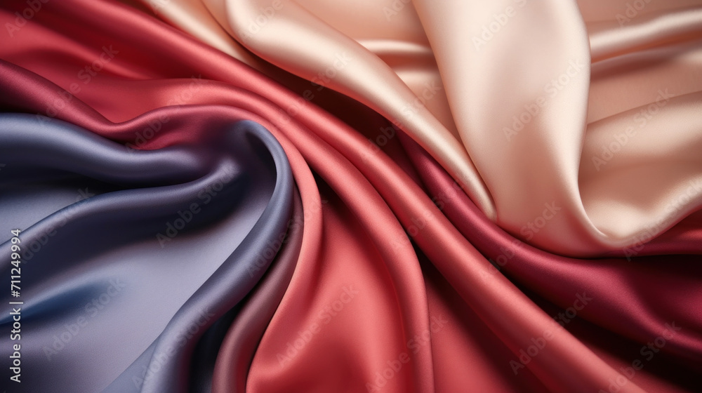 Elegant waves of red, blue, and cream silk fabric creating a luxurious and smooth texture. Elegant waves of red, blue, and cream silk fabric creating a luxurious and smooth texture.