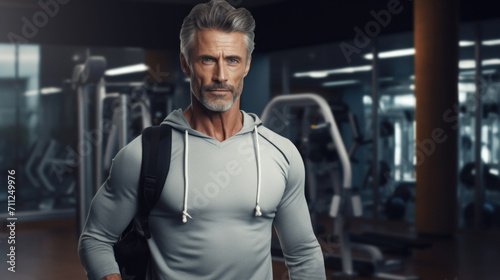 A mature, well-built man with gray hair carrying a gym bag over his shoulder in a fitness center.