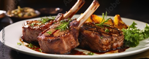 With their impeccable presentation, these lamb chops will not only please your taste buds but also impress any dinner guests, as they exude an unmistakable elegance. photo