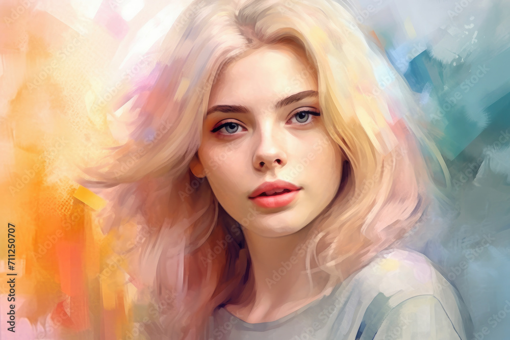 Portrait of a young beautiful girl with dyed hair. Watercolor illustration