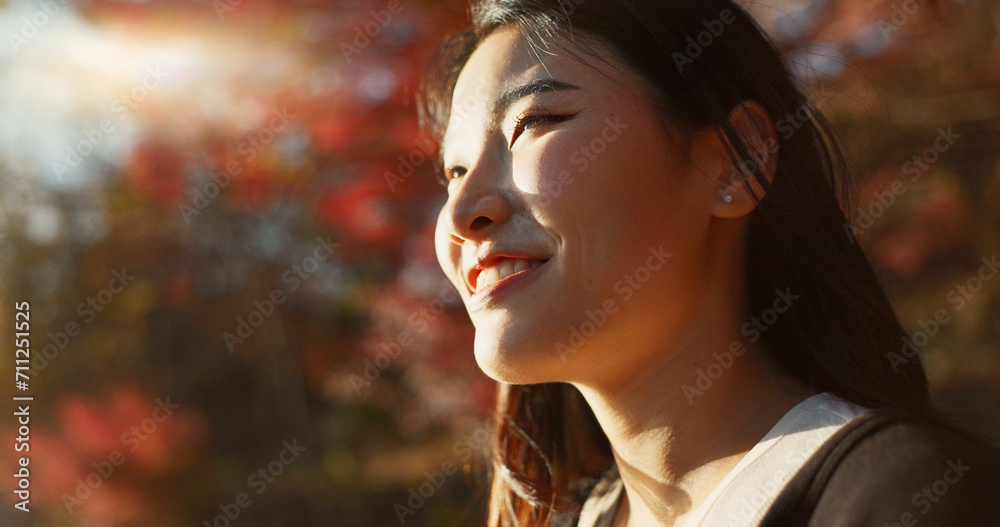 Outdoor, thinking and Asian woman with a smile, nature and forest with joy, daydreaming and holiday. Japanese person sunshine or girl with summer, travel or peace with vacation. calm or weekend break Outdoor, thinking and Asian woman with a smile, nature and forest with joy, daydreaming and holiday. Japanese person sunshine or girl with summer, travel or peace with vacation. calm or weekend break