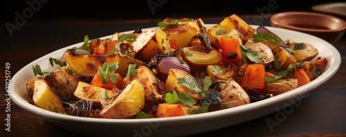 Delighting both the palate and the eye, a Rustic Roasted Root Vegetable Platter invites diners to savor the intricate blend of flavors. Succulent chunks of redskinned potatoes, fragrant