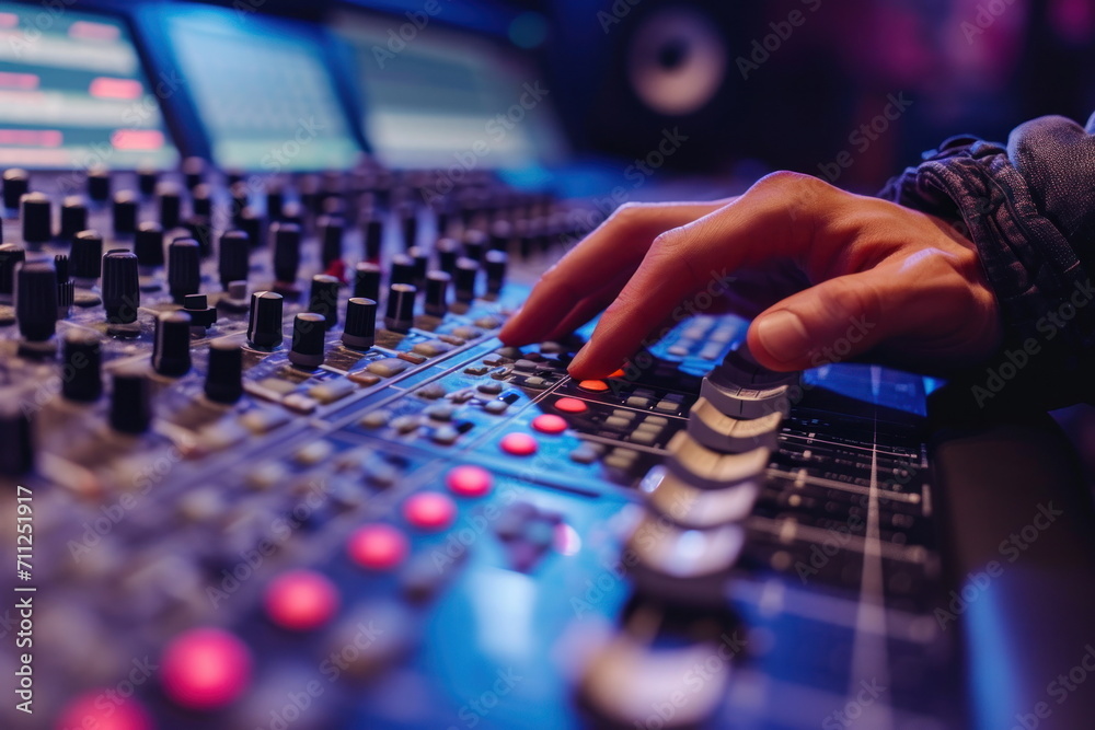 Sound studio with closeup hand for control, Control panel Recording Sound studio with closeup hand for control, Control panel Recording