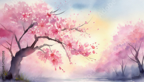 Watercolor Art Painting: Sakura Blossom Extravaganza Softly Artistically at Dusk