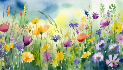 Watercolor Art Painting: Wildflower Meadow Abundantly Freely in Afternoon