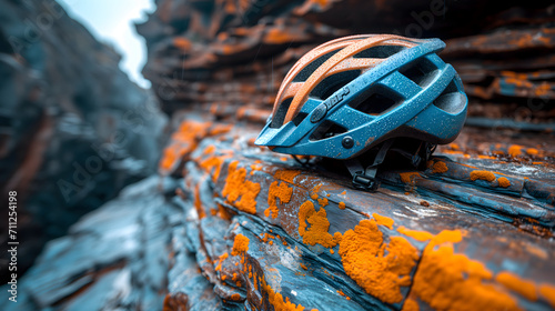 An outdoor protective safety sports bicycle helmet.  A bicycle helmet is lying on the road. Blurred background, forest road, close-up, raindrops. Ai generated image photo