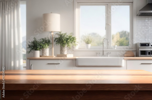 Empty wooden table top counter near a big window. Wood tabletop over defocused kitchen background. Trendy stylish desk space for product presentation, blur light modern cooking interior. Ai Generated © Marina Demidiuk