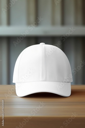 a mockup white baseball cap on a wooden table